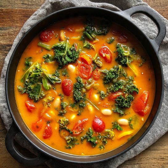A black pot filled with thick orange soup that has visible chunks of red tomatoes, green leafy vegetables, and small white beans. The soup looks creamy with a mix of colorful soft vegetable pieces scattered evenly. The pot rests on a gray cloth on a wood surface. Photo taken with an iphone --ar 4:5 --v 7