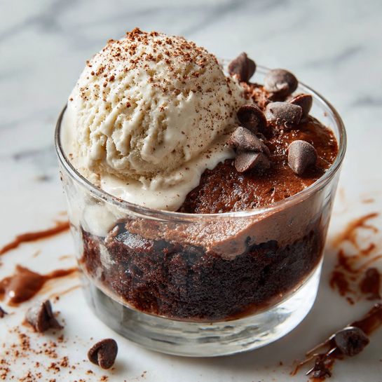 A clear glass mug holds two layers: the bottom layer is dark, rich chocolate pudding with a thick and lumpy texture, and on top is smooth vanilla ice cream with some specks of cinnamon powder scattered over it. A gold spoon scoops into the chocolate pudding, lifting some of its thick, creamy texture. Around the mug on the white marbled surface, there are several chocolate chips and some scattered cocoa powder, adding a rustic touch to the scene. Photo taken with an iphone --ar 4:5 --v 7