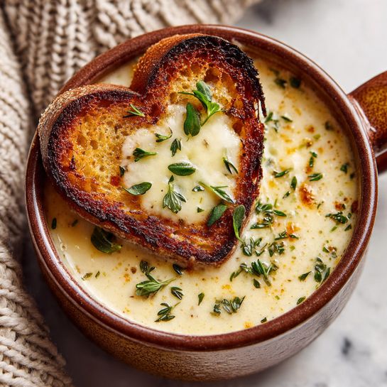 A small two-layered ceramic bowl with a brown top and white bottom, filled with melted, creamy cheese that is overflowing and dripping down the sides. A woman's hand holds a golden spoon lifting a heart-shaped toasted bread from the bowl, the toast topped with melted cheese and small green herb leaves. The cheese stretches in thin strands from the bowl to the toast. The bowl sits on a thick, green and cream knitted coaster against a white marbled background. Photo taken with an iphone --ar 4:5 --v 7