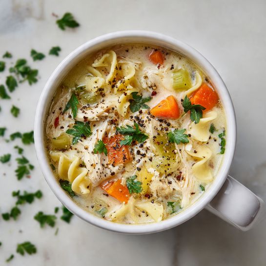 Two white bowls with a beige bottom hold creamy soup filled with visible layers of diced orange carrots, green celery, small pieces of pasta, and bits of white meat, topped with light specks of black pepper and green herbs. The soup has a thick, smooth texture with a slightly shiny surface. The bowls rest on a white marbled surface with scattered bits of black pepper and a few green leaves around. In the background, there is a soft, out-of-focus beige and white cloth and a stack of black plates. Photo taken with an iphone --ar 4:5 --v 7