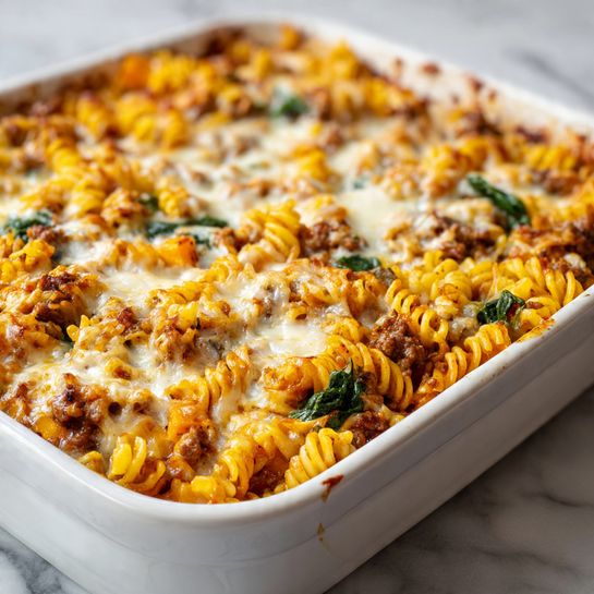 A white plate holds a layered pasta dish with three main layers visible: the bottom layer consists of yellow spiral pasta mixed with bits of cooked brown sausage and dark green spinach leaves; the middle layer shows chunks of soft, orange roasted squash evenly spread; the top layer is covered with melted light golden cheese sprinkled with white grated cheese and small black pepper flakes. A gold fork rests on the right side of the plate, partially under the pasta. The plate is placed on a white marbled surface. Photo taken with an iphone --ar 4:5 --v 7