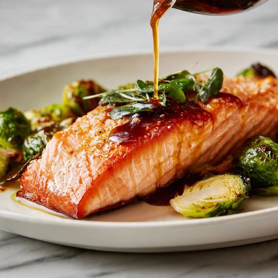 A close-up view of a single piece of cooked salmon fillet takes the center of the image, with its bright orange color and slightly shiny texture showing the cooked surface. Light green fresh leaves are scattered on top of the salmon, adding a fresh contrast. Dark brown sauce is being poured in a thin stream onto the middle of the fillet, creating a glossy patch. Around the salmon fillet, small green and slightly browned roasted vegetables, like sprouts, are placed unevenly on the white tray. The white tray sits on a white marbled textured surface, slightly blurred in the background. photo taken with an iphone --ar 4:5 --v 7