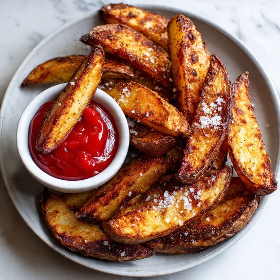 The image shows thick potato wedges with a crispy, golden-brown texture and dark brown seasoning on the edges, scattered around a small white bowl filled with bright red ketchup. One wedge is dipped halfway into the ketchup, showing some white salt flakes on top. The wedges and bowl sit on a round grey tray, which is placed on a white marbled surface. The lighting highlights the texture and colors, making the fries look fresh and crunchy. Photo taken with an iphone --ar 4:5 --v 7