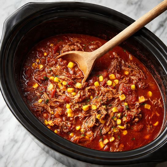 A close-up view inside a black slow cooker filled with thick, rich red stew that has shredded pieces of meat mixed with yellow corn kernels and small bits of green vegetables. A wooden spoon is partially submerged in the stew, showing its chunky texture and deep reddish-brown color, with visible strands of meat and soft vegetables spread evenly throughout the stew. The setting is on a white marbled surface. photo taken with an iphone --ar 4:5 --v 7