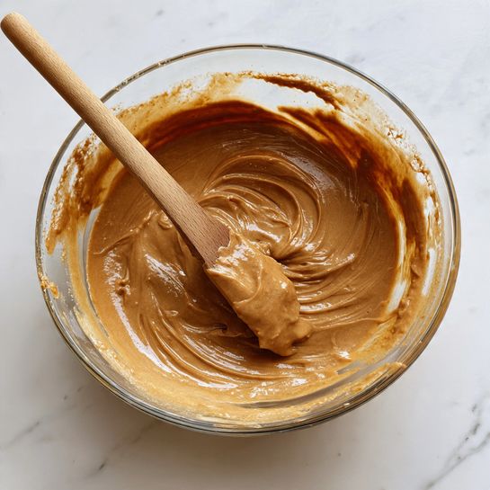 A close-up image of a glass bowl filled with thick, smooth brown batter that has a few small lumps, with a wooden spoon resting inside the bowl, coated with the same batter. The bowl sits on a white marbled surface, showing some batter marks on the inside edge of the bowl. photo taken with an iphone --ar 4:5 --v 7