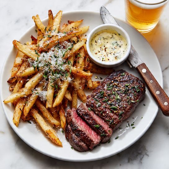 A white plate holds a cooked steak with a dark brown, slightly crispy edge, sprinkled with small green herb pieces. Next to the steak is a pile of golden-brown fries with a crunchy texture, also garnished with bits of green herbs and sprinkled with grated white cheese. The plate sits on a surface with a white marbled texture. In the top right corner, there is a glass of amber-colored beer with white foam on top. Photo taken with an iphone --ar 4:5 --v 7