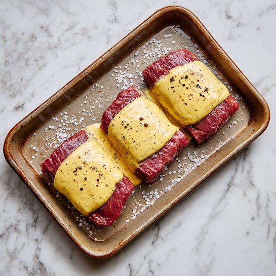 Three pieces of raw meat are placed closely together on a light brown textured baking tray sprinkled with coarse salt. Each piece is covered with a thick layer of pale yellow mustard sauce that has a smooth and creamy texture with some small black pepper specks. The meat underneath is deep red with visible grain and slight marbling. The scene is set on a white marbled surface. photo taken with an iphone --ar 4:5 --v 7
