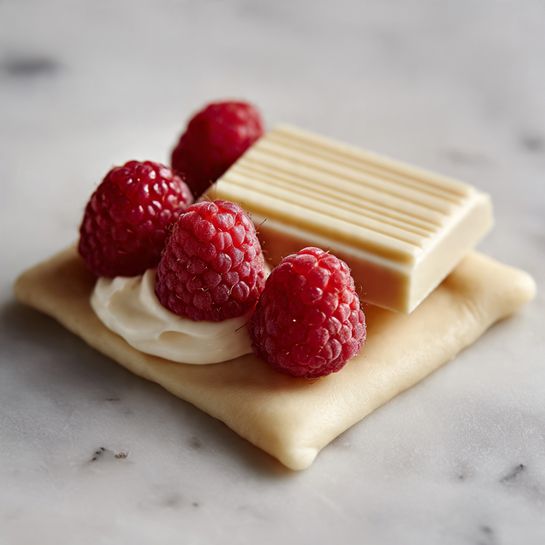 A square piece of pale dough lies flat on a white marbled surface, with a small mound of white cream placed near the center. On top of the cream, there is a rectangular piece of smooth milk chocolate that has faint horizontal lines and a slight shine. Around the chocolate, three bright red raspberries with detailed, bumpy textures are arranged, each showing their hollow side facing up. The overall scene is simple and close-up, focusing on the layered ingredients on the dough. photo taken with an iphone --ar 4:5 --v 7