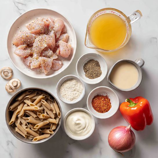 The image shows several cooking ingredients arranged on a white marbled surface. Starting from the top left, there is a white plate with raw pink seasoned chicken pieces sprinkled with black pepper. To the right is a glass measuring cup filled with light yellow broth. Below the chicken plate, a stainless steel bowl contains sliced brown mushrooms. At the center, a small glass jug holds a white creamy liquid, and next to it is a white bowl filled with uncooked whole wheat penne pasta. Below the pasta and center jug, there are three small white bowls: one with white flour, another with a red spice mix, and the last one holding a dollop of white mayo. On the bottom right, an orange bell pepper, a pink shallot, and a red bell pepper are placed close together. The overall setting is bright and clear, with all items evenly spaced on the white marbled background. photo taken with an iphone --ar 4:5 --v 7