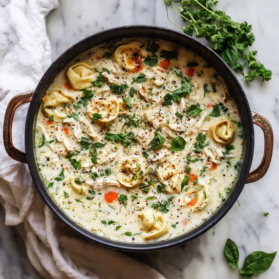 A thick creamy soup fills a dark pot, showing three main layers: the bottom is a light creamy white base, the middle has small pieces of orange carrot and green celery mixed in, and the top includes shredded white chicken and small tortellini noodles. Fresh green herb leaves are scattered over the soup, along with black pepper sprinkled across the surface. The pot is placed on a white marble textured table with a white cloth nearby and a few herb leaves around. photo taken with an iphone --ar 4:5 --v 7