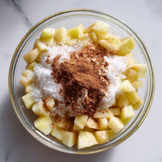 A clear glass bowl is filled with several layers: the bottom layer is light yellow chopped apples, cut into small cubes and wedges. On top of the apples, there is a generous sprinkle of white granulated sugar, unevenly spread. Over the sugar, a mound of brown cinnamon powder sits in the center, slightly dusting the surrounding apples and sugar. The bowl is placed on a white marbled surface, showing a soft, natural light above. photo taken with an iphone --ar 4:5 --v 7