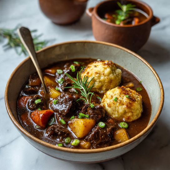 A white bowl filled with a rich brown stew showing chunky pieces of dark brown meat, bright orange carrot slices, and light yellow potato chunks all mixed in thick sauce. On top of the stew, there is a golden biscuit with a slightly crispy texture, and fresh green rosemary sprigs lay across the middle. Small pieces of bright green chopped scallions are scattered over the stew. The bowl sits on a white marbled surface with specks of black pepper nearby. photo taken with an iphone --ar 4:5 --v 7