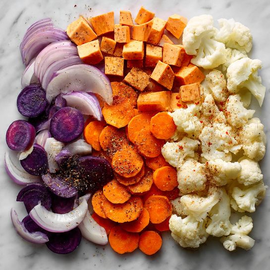 This image shows a single layer of chopped vegetables spread out on a white marbled surface. At the top, there are small cubes of bright orange sweet potatoes, covered lightly with some seasoning. Below that, there are thick slices of orange carrots mixed with some smaller round pieces of purple carrots, all sprinkled with seasoning. At the bottom, there are white onion slices on the left side and white cauliflower florets on the right, both also sprinkled with seasoning. The vegetables create a colorful and textured visual with the spices adding contrast. photo taken with an iphone --ar 4:5 --v 7