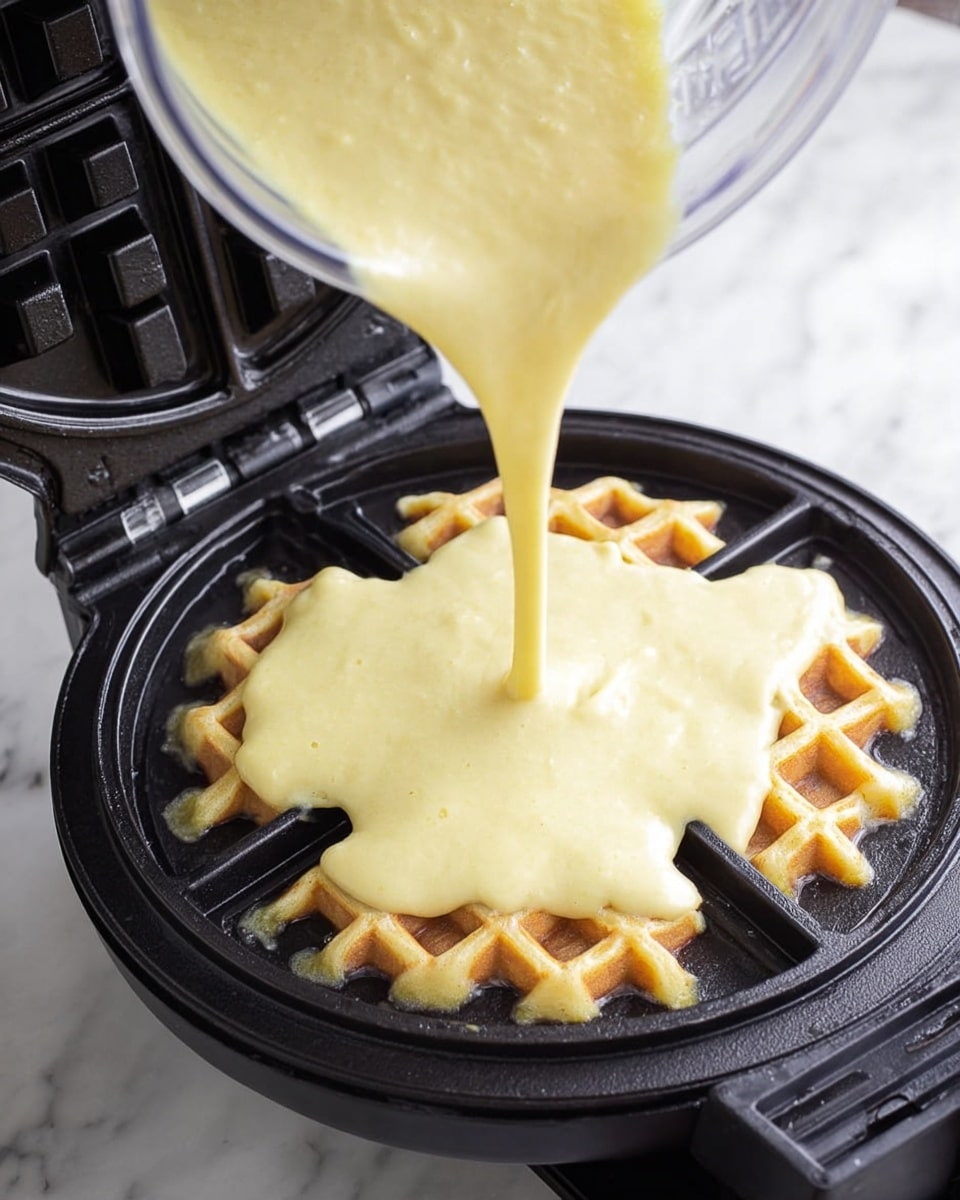 A close-up shot showing a thick, pale yellow batter being poured from a blender jar into a black waffle maker. The batter is spread evenly on the top layer of the waffle maker's grid, filling the square and diamond-shaped indentations. The waffle maker is open, revealing the dark, textured cooking surface with raised edges around each section. The background is a white marbled texture. Photo taken with an iphone --ar 4:5 --v 7