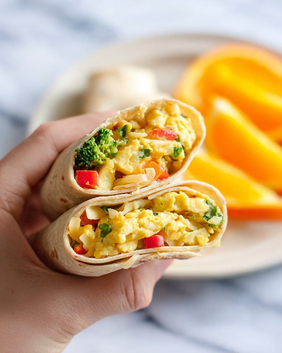 Three tightly rolled breakfast burritos lay stacked inside a clear plastic zipper bag. Each burrito is wrapped in a lightly toasted, warm beige tortilla with a soft texture and faint brown spots. The bag has a white triangular label on the top left corner with handwritten text that reads