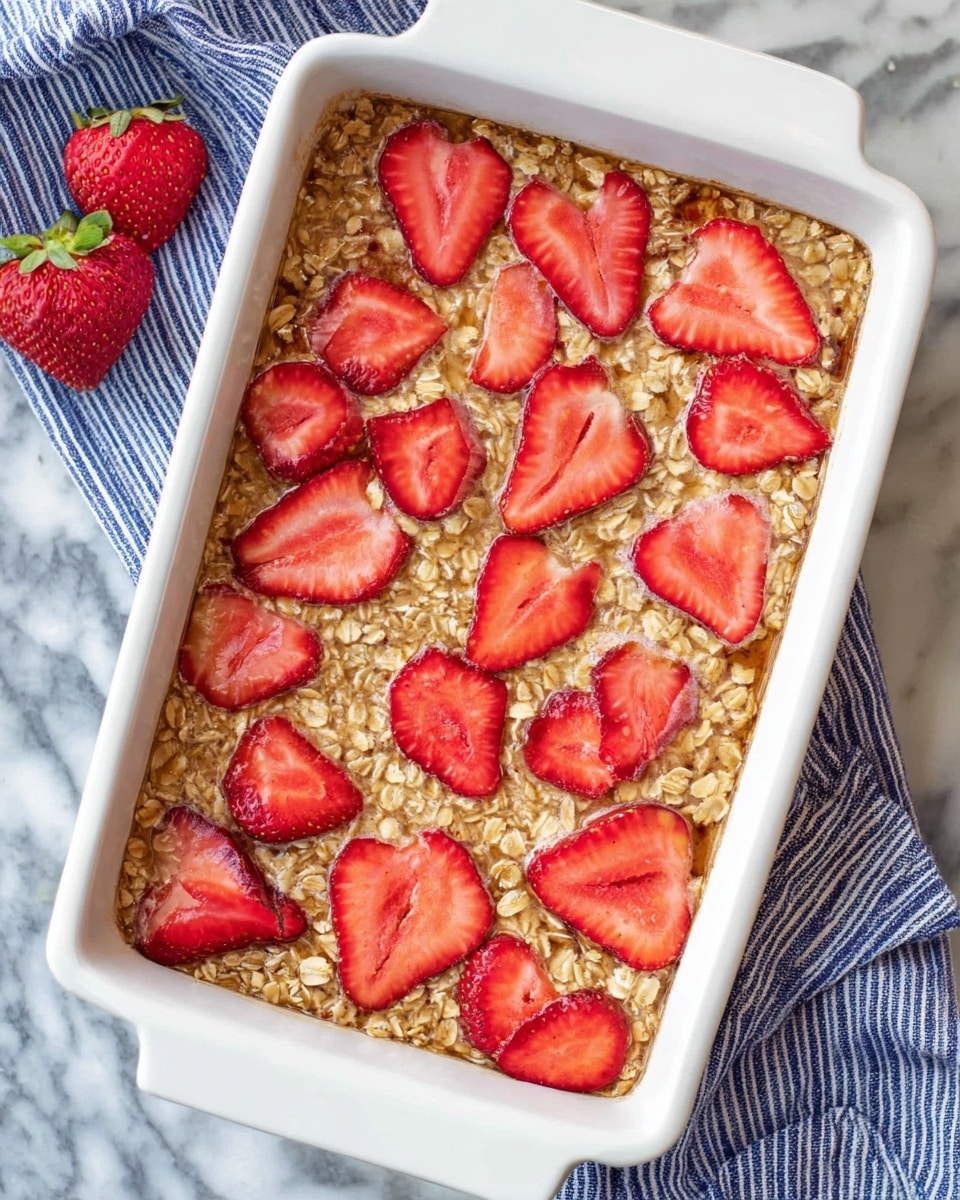 A white rectangular baking dish filled with a baked oatmeal dish topped with fresh red strawberry halves and slices spread evenly over the whole surface. The oatmeal layer is light golden-brown with visible oat flakes, creating a rough texture under the shiny, juicy strawberries. The dish sits on a white marbled surface next to a blue and white striped cloth. Photo taken with an iphone --ar 4:5 --v 7