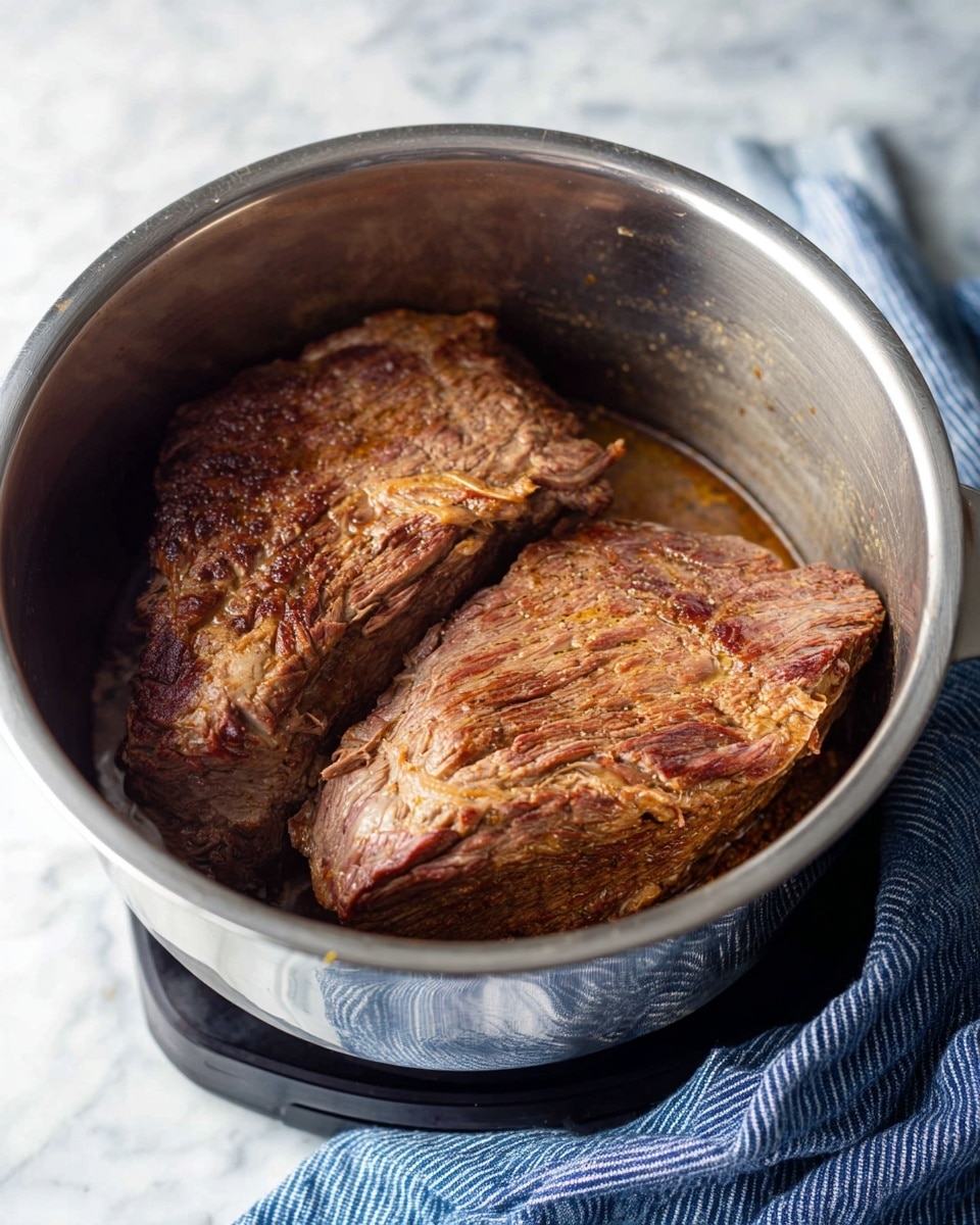 Inside a silver metal pot, there are two large pieces of brown cooked meat with a slightly crispy texture on top. The meat shows areas of light and darker brown from cooking, and some juices are visible on the bottom of the pot. The pot is placed on a black base, and nearby there is a blue and white striped cloth on a white marbled surface. photo taken with an iphone --ar 4:5 --v 7