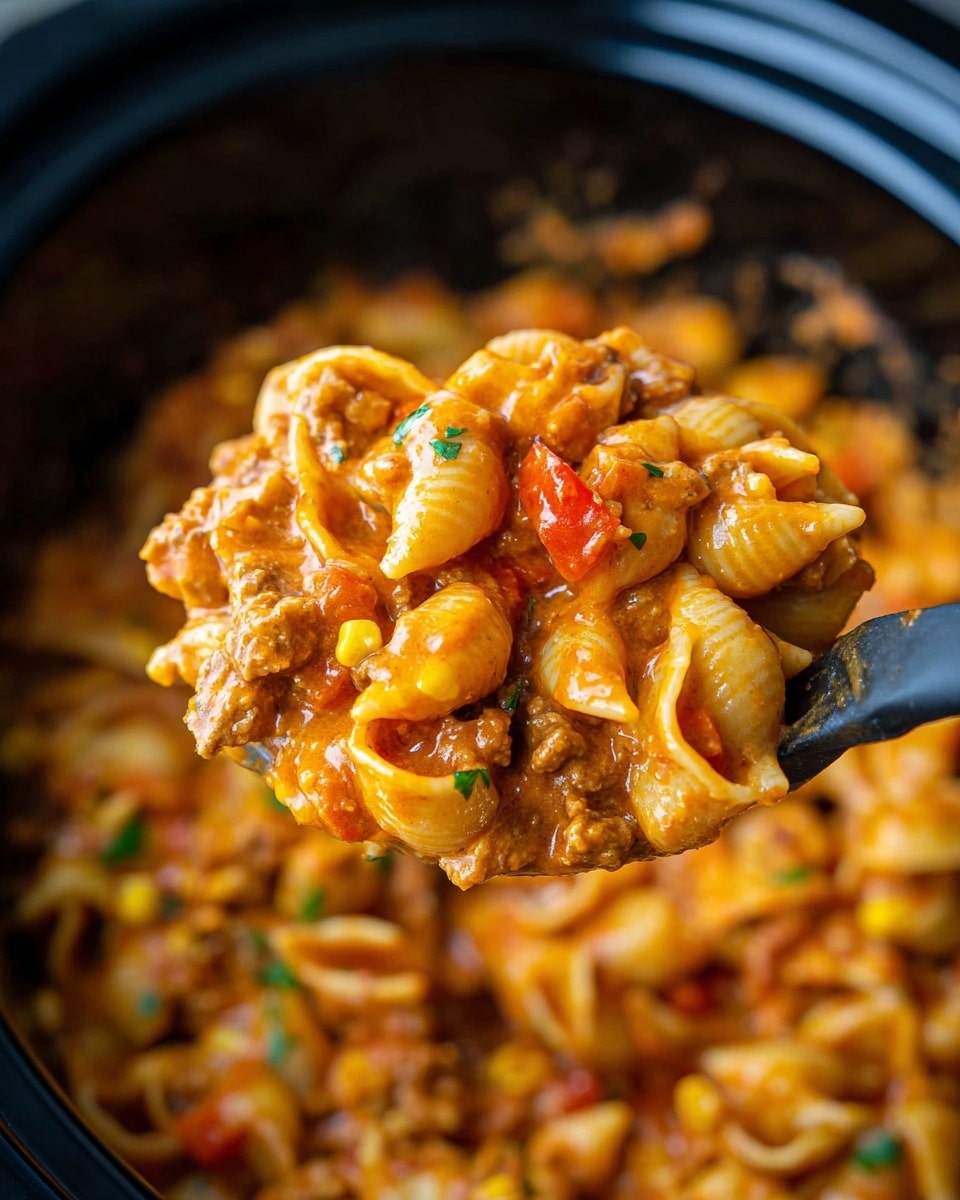 The image shows a close-up of a large spoon lifting a serving of creamy pasta from a black slow cooker. The pasta is shell-shaped, coated in a thick orange sauce with visible small chunks of red bell pepper and bits of green herbs. The sauce looks smooth and rich, mixing well with the pasta and small pieces of ground-like protein and corn kernels, creating a colorful, textured mix. The inside of the slow cooker, filled with the same dish, makes the background blurred and darker, focusing the attention on the spoonful of pasta. The overall look is warm and hearty. photo taken with an iphone --ar 4:5 --v 7