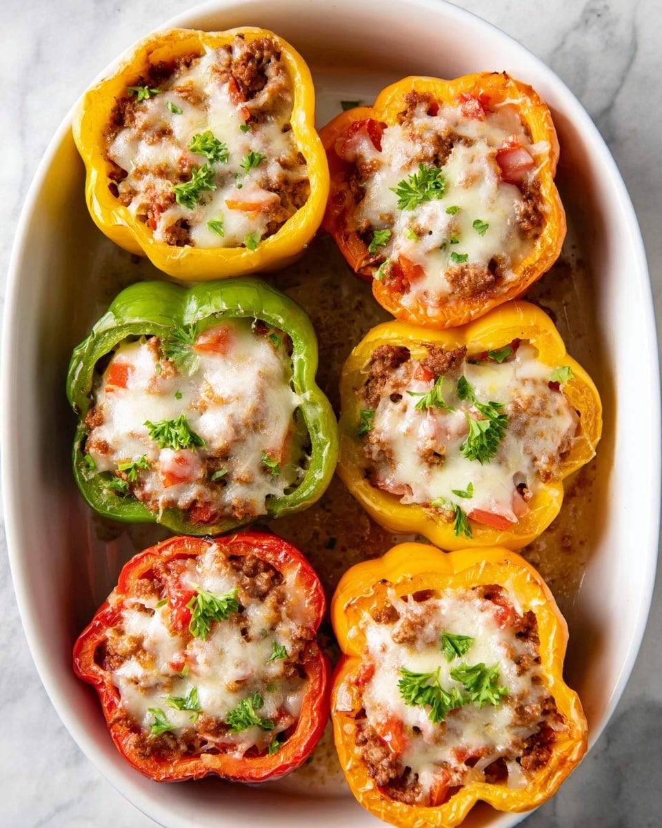 A white baking dish holds six stuffed bell peppers arranged close together; the peppers are green, orange, yellow, and red, each hollowed and filled with a mixture topped by melted, creamy white cheese with small green herb sprinkles. The bell peppers have a slightly wrinkled texture from baking, and some cheese is dripping down the sides. In the foreground, to the right of the dish, there is fresh green parsley on a white marbled surface, which also forms the background. Two brown wooden pepper grinders are seen blurred in the background. Photo taken with an iphone --ar 4:5 --v 7