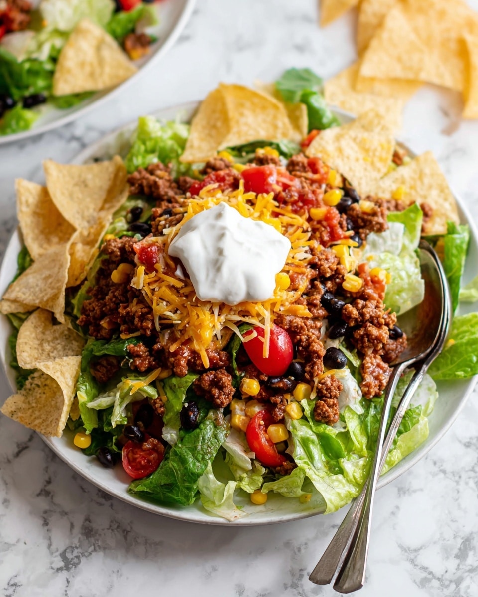 A white plate holds a layered taco salad starting with a bed of bright green leafy lettuce. On top, there is a layer of light-colored tortilla chips scattered around. Next, a layer of cooked, crumbly brown meat is spread over the salad. Around the meat are small red cherry tomato halves and black beans. Bright yellow shredded cheese and bits of corn are sprinkled over it all. In the center, a dollop of smooth white sour cream sits on top. There are small hints of red salsa mixed in among the layers. The plate is set on a white marbled surface, and two silver spoons rest in the salad. Photo taken with an iphone --ar 4:5 --v 7
