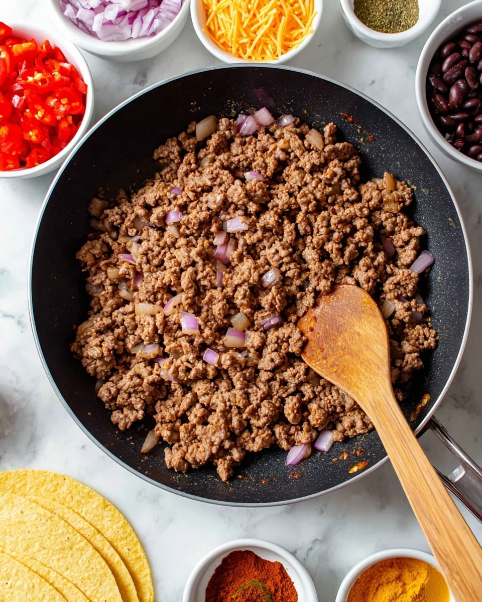 A black pan filled with cooked ground meat mixed with small pieces of lightly cooked onions, showing a textured, crumbly brown and light purple layer in the center. A wooden spoon with a smooth, light brown handle rests inside the pan, slightly covered by the meat. Surrounding the pan on a white marbled surface, there are several small white bowls containing bright orange shredded cheese, red diced peppers, dark brown beans, and various spices in shades of yellow, red, and green. There are also some pale yellow tortillas partially visible on the side. Photo taken with an iphone --ar 4:5 --v 7