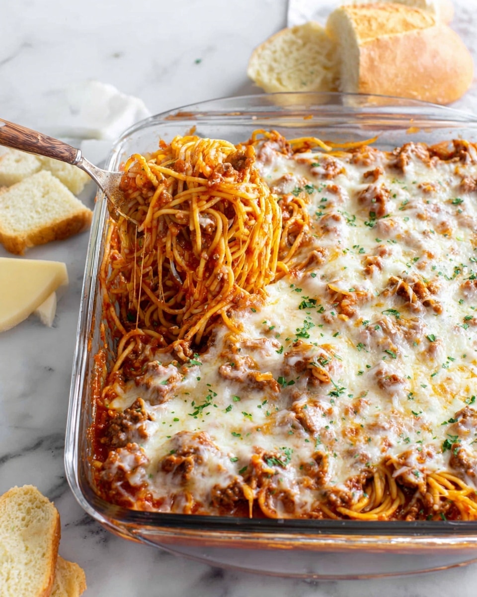 A white plate holds a mound of spaghetti layered with a rich red meat sauce mixed with ground meat and small pieces of tomato, topped with melted cheese that appears slightly browned and sprinkled with small bits of fresh green parsley. On the side, two slices of crusty white bread rest against the pasta. The plate sits on a white marbled surface, with a fork and a piece of bread on a gray cloth napkin blurred softly in the background. photo taken with an iphone --ar 4:5 --v 7