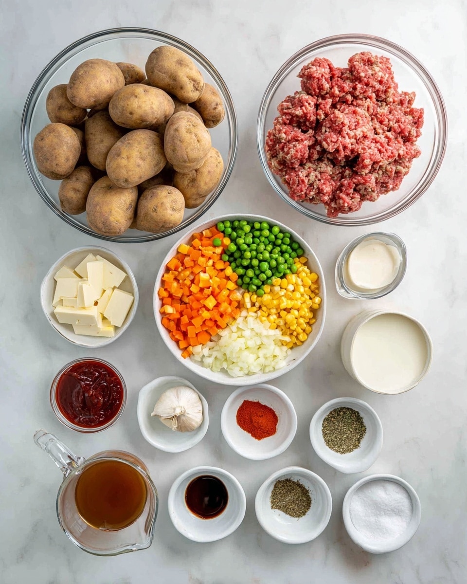 The image shows an overhead view of various ingredients placed on a white marbled surface. There is a large clear glass bowl at the bottom left filled with several whole brown potatoes. To the right of it is another clear glass bowl containing a mix of raw ground meat with pink and brown colors. Above the potatoes is a white bowl filled with mixed frozen vegetables including orange carrots, yellow corn, and green peas. Surrounding these main bowls are small white bowls each with different ingredients: diced white onions, three garlic cloves, a block of butter, bright red spice powder, dried herbs, light cream, black pepper, dark soy sauce, tomato paste, salt, white flour, and light milk in a small glass jar. There is also a small glass measuring cup with brown liquid. Everything is neatly arranged in a grid-like manner. photo taken with an iphone --ar 4:5 --v 7