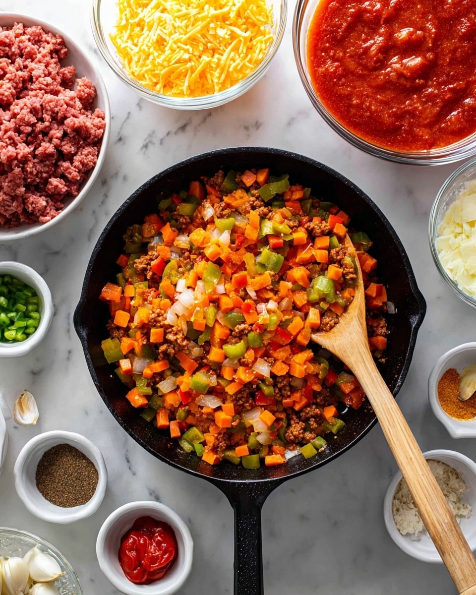 A black cast iron pan filled with colorful sautéed diced vegetables, including orange carrots, green bell peppers, and white onions, with a wooden spoon resting in the middle; surrounding the pan are clear glass bowls with raw ground meat and red tomato sauce, a white bowl with shredded yellow cheese, and several small white bowls containing different spices, garlic cloves, and diced tomatoes, all placed on a white marbled surface photo taken with an iphone --ar 4:5 --v 7