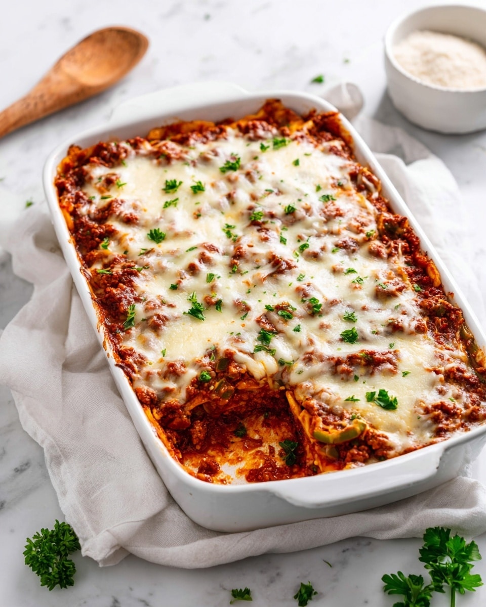 A close-up of a serving of lasagna on a white plate showing three main layers: a bottom layer of soft noodles in a rich red tomato sauce, a middle layer filled with cooked ground meat and shredded orange cheese, and a top layer sprinkled with white grated cheese and small green parsley leaves for garnish. The dish looks saucy and hearty with textures of meat, melted cheese, and sauce mixing together. In the background, there is a white marbled surface and a blurred blue baking dish full of more lasagna. Photo taken with an iphone --ar 4:5 --v 7