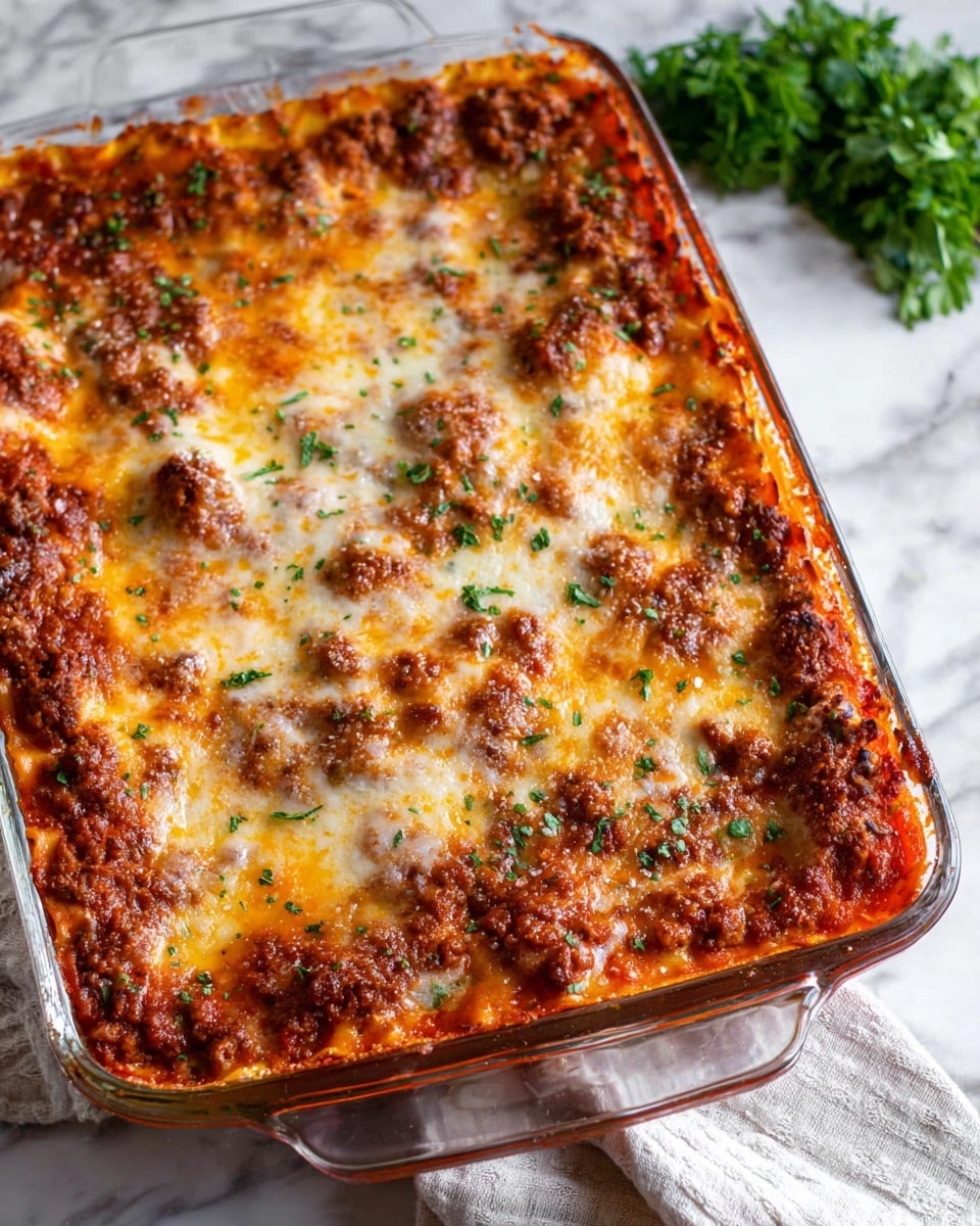 A square slice of lasagna sits on a white plate with five visible layers: smooth, flat light yellow pasta sheets alternate with rich tomato meat sauce in deep red and brown shades and creamy pale yellow cheese layers; the top is a golden brown melted cheese layer dotted with green chopped herbs, giving a fresh touch. The edges look slightly crispy and the sauce seeps a little onto the plate. In the background, a clear glass baking dish filled with more lasagna is partly visible on a white marbled surface. Photo taken with an iphone --ar 4:5 --v 7