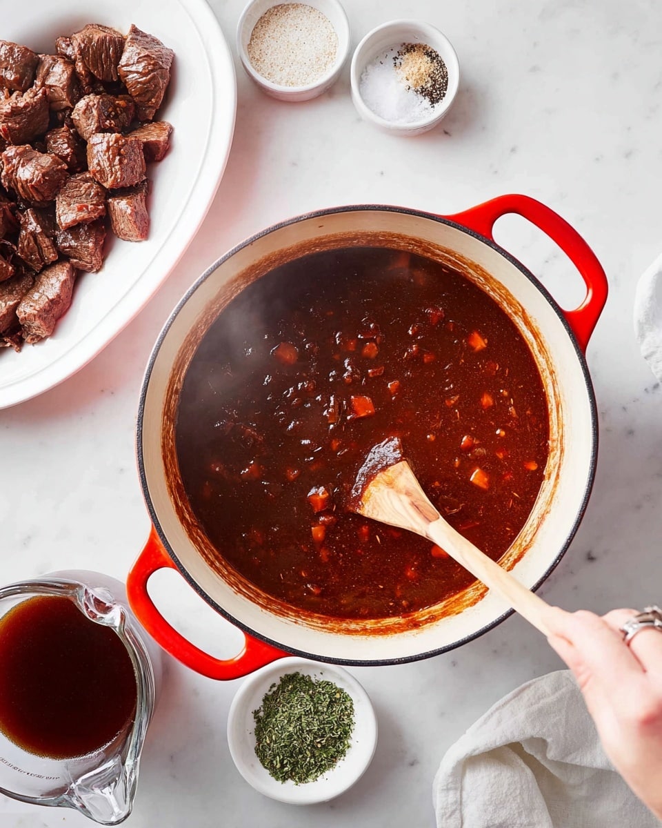 A large white pot with bright red handles is filled with thick dark brown sauce containing small orange and brown chunks, being stirred by a woman's hand holding a wooden spoon; next to the pot on a white marbled surface, there is a white oval plate filled with browned, cooked meat pieces, a small white bowl of dark soy-like sauce, a white plate with green herbs, a small white bowl of white salt crystals, a small white bowl of ground black pepper, and a clear glass measuring cup filled with dark brown broth; the scene is bright and clean, with steam rising from the pot indicating warmth photo taken with an iphone --ar 4:5 --v 7