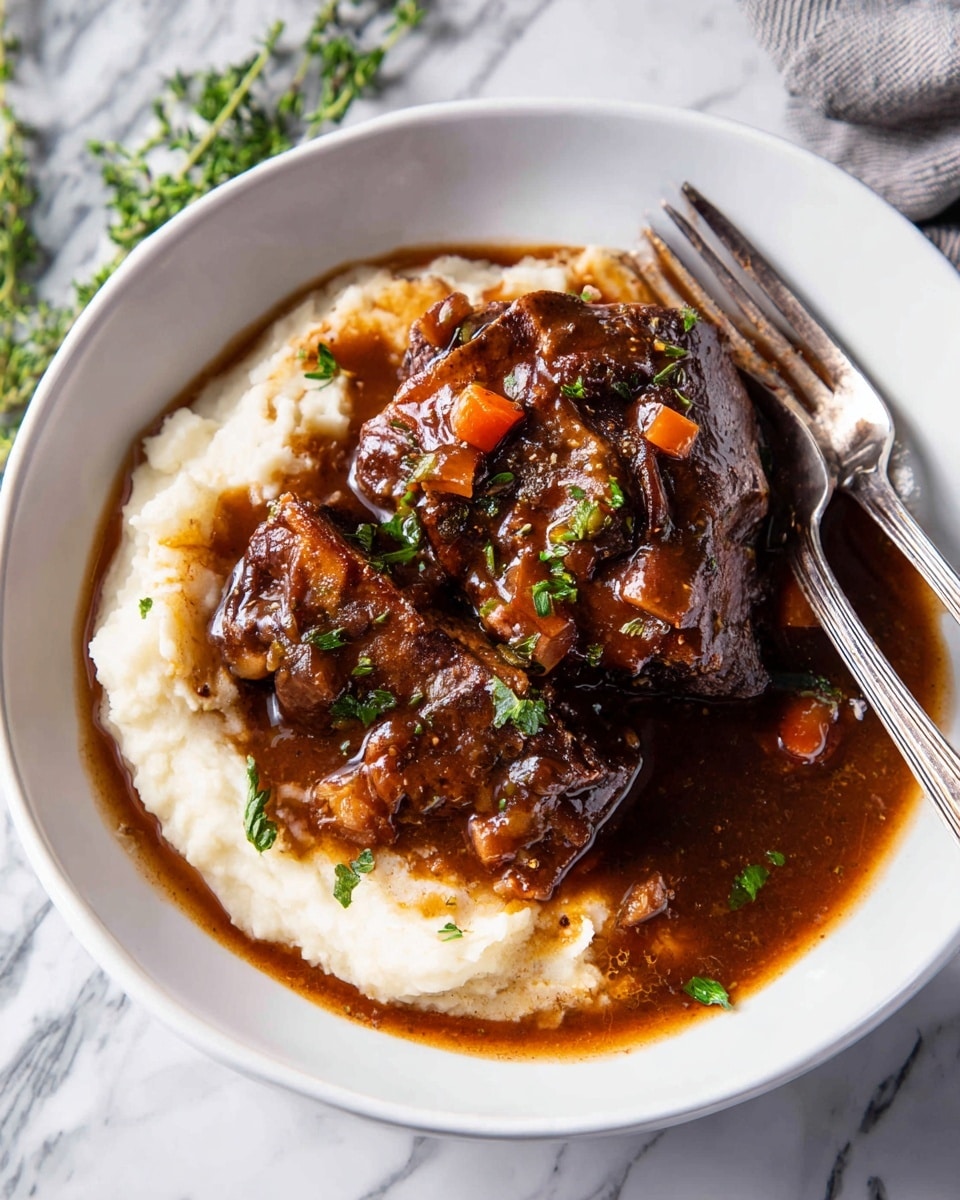 The image shows a white pot filled with dark brown stewed beef chunks in a rich, glossy reddish-brown sauce. The beef pieces have a textured, slightly charred surface and are scattered evenly throughout the liquid. Small bits of orange carrot and translucent onion pieces are visible in the sauce, along with a few finely chopped green herbs sprinkled on top, adding a hint of color contrast. The inside rim of the pot bears streaks of sauce, giving a rustic look. The pot is placed on a white marbled surface with a soft, light cloth underneath. Photo taken with an iphone --ar 4:5 --v 7