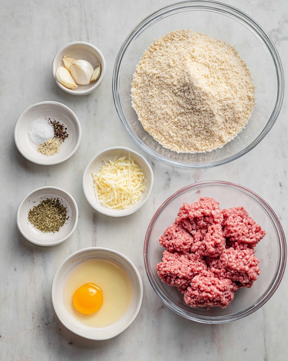 The image shows several small white bowls arranged on a white marbled surface. At the top right, a large clear bowl filled with raw ground meat with a pink and slightly textured look. In the center, another large clear bowl contains light beige bread crumbs with a slightly coarse texture. Around these bowls are smaller white bowls holding different ingredients: two garlic cloves, black pepper, chopped white onions, salt, dried herbs, a small bowl with light yellow grated cheese, and a bowl with an egg cracked open and the yolk visible in clear liquid. Everything is neatly arranged and clearly visible. Photo taken with an iphone --ar 4:5 --v 7