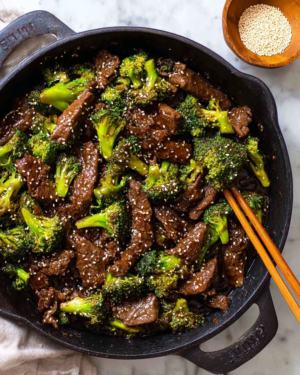 A white bowl with a thin brown edge holds three layers: at the bottom, a bed of soft, white rice; above it, dark brown, glossy beef strips cooked with bright green broccoli florets; on top of the beef and broccoli, a sprinkle of small white sesame seeds adds texture. Resting diagonally on the bowl's edge are two light brown wooden chopsticks. The setting has a clean white marbled texture background. photo taken with an iphone --ar 4:5 --v 7