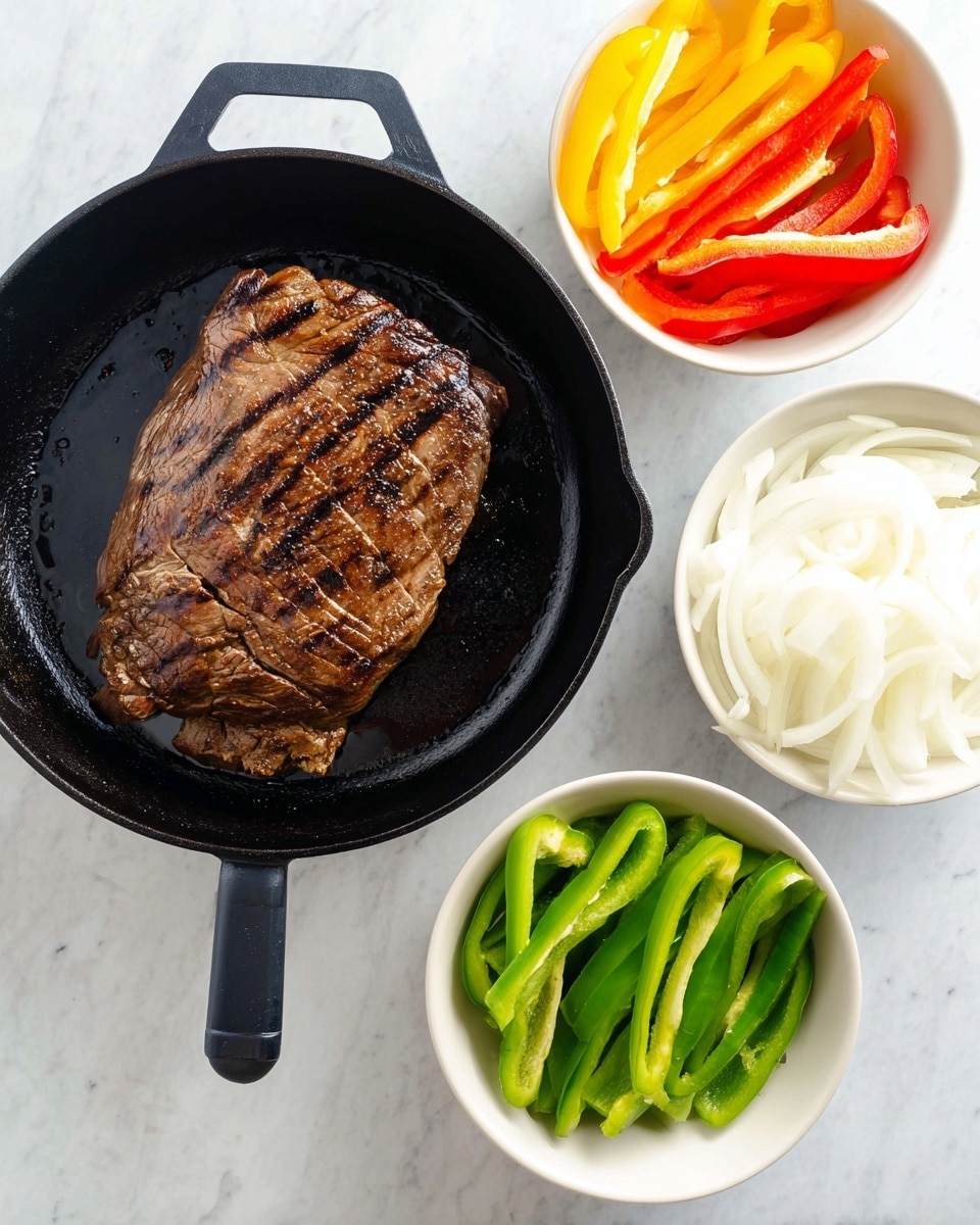 A black cast iron pan sits on a white marbled surface with a large piece of grilled meat in the center, showing clear dark grill marks on a brown, slightly shiny surface. Below the pan, there are two white bowls side by side; the left bowl holds three layers of sliced bell peppers in green, red, and yellow colors, while the right bowl contains white sliced onions. Photo taken with an iphone --ar 4:5 --v 7