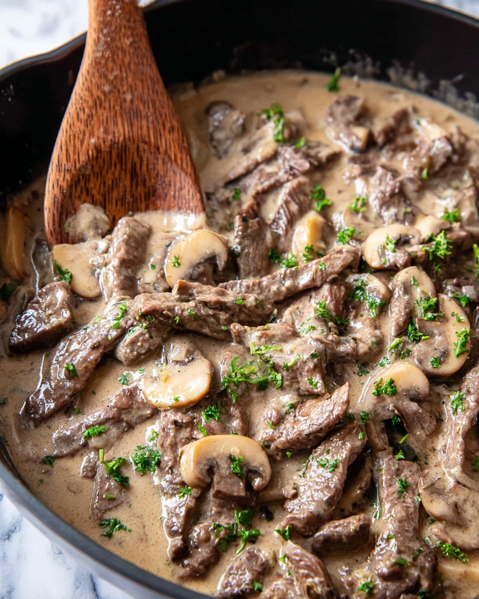A close-up view of a creamy mushroom and beef dish in a black pan, showing many thin slices of brown beef mixed with sliced mushrooms covered in a light brown creamy sauce; sprinkled with small bits of fresh green parsley on top, a wooden spoon with natural wood grain is partially dipped into the dish on the left side, mixing the ingredients; the background is a white marbled texture; the dish looks thick and hearty with a rich smooth texture photo taken with an iphone --ar 4:5 --v 7