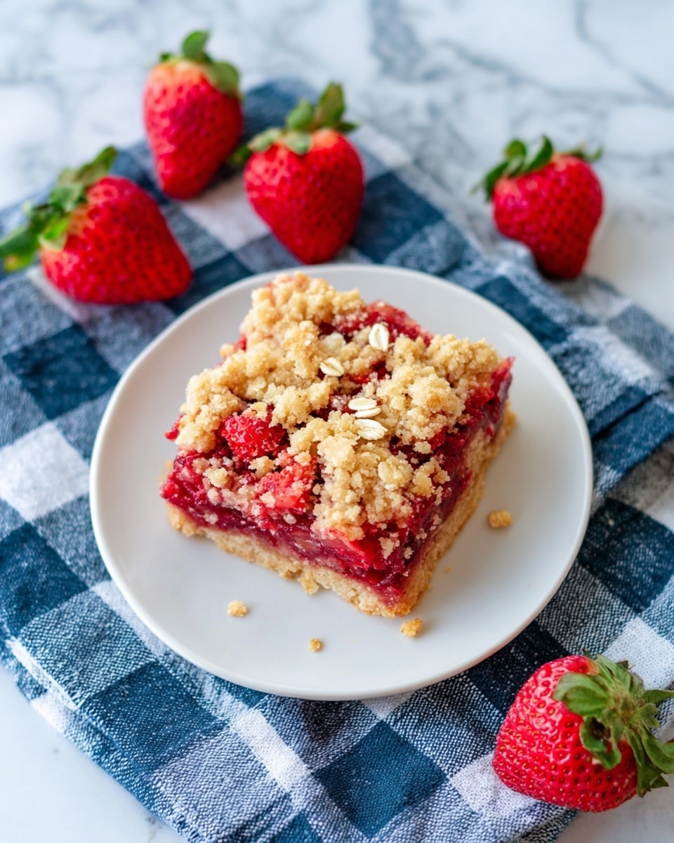 A clear glass rectangular dish holds a strawberry crumble with two layers visible: the bottom layer is a bright red, juicy strawberry filling, and the top layer is a golden brown crumb topping with a coarse, crunchy texture spread unevenly. In the center is a single halved strawberry with its green leaves still attached. The dish sits on a blue cloth with a white marbled surface underneath. photo taken with an iphone --ar 4:5 --v 7