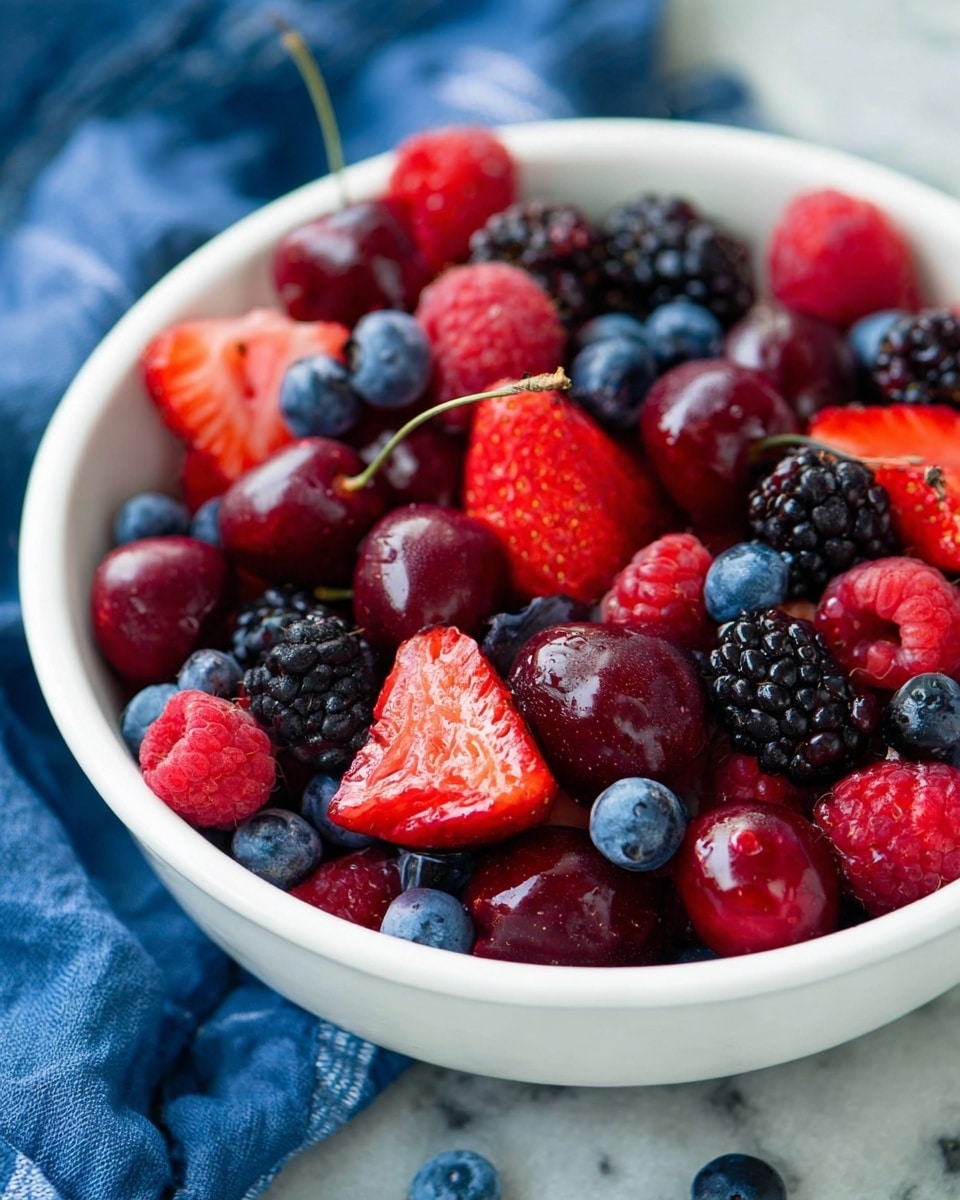 A white bowl filled with many fresh berries: dark purple blackberries, bright red raspberries, deep blue blueberries, shiny dark red cherries, and large red strawberries, some cut in halves showing their inner bright red flesh and tiny seeds. The berries have a fresh, glossy look. The bowl sits on a white marbled surface with a blue cloth nearby. Photo taken with an iphone --ar 4:5 --v 7