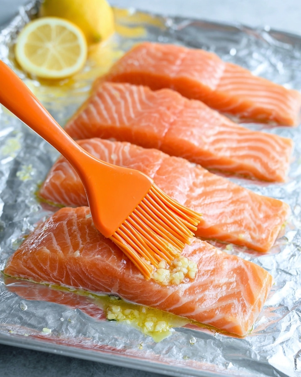 The image shows four raw salmon fillets placed side by side on a sheet of aluminum foil with a white marbled texture below. Each fillet is a bright pink-orange color with visible lines of fat and texture. On top of one salmon fillet in the front, an orange silicone brush is spreading a light layer of a yellowish mixture that looks like melted butter or oil with small bits of garlic. The top corner has a halved lemon, showing its bright yellow insides. The lighting is bright, highlighting the shiny moisture on the salmon and the foil. Photo taken with an iphone --ar 4:5 --v 7