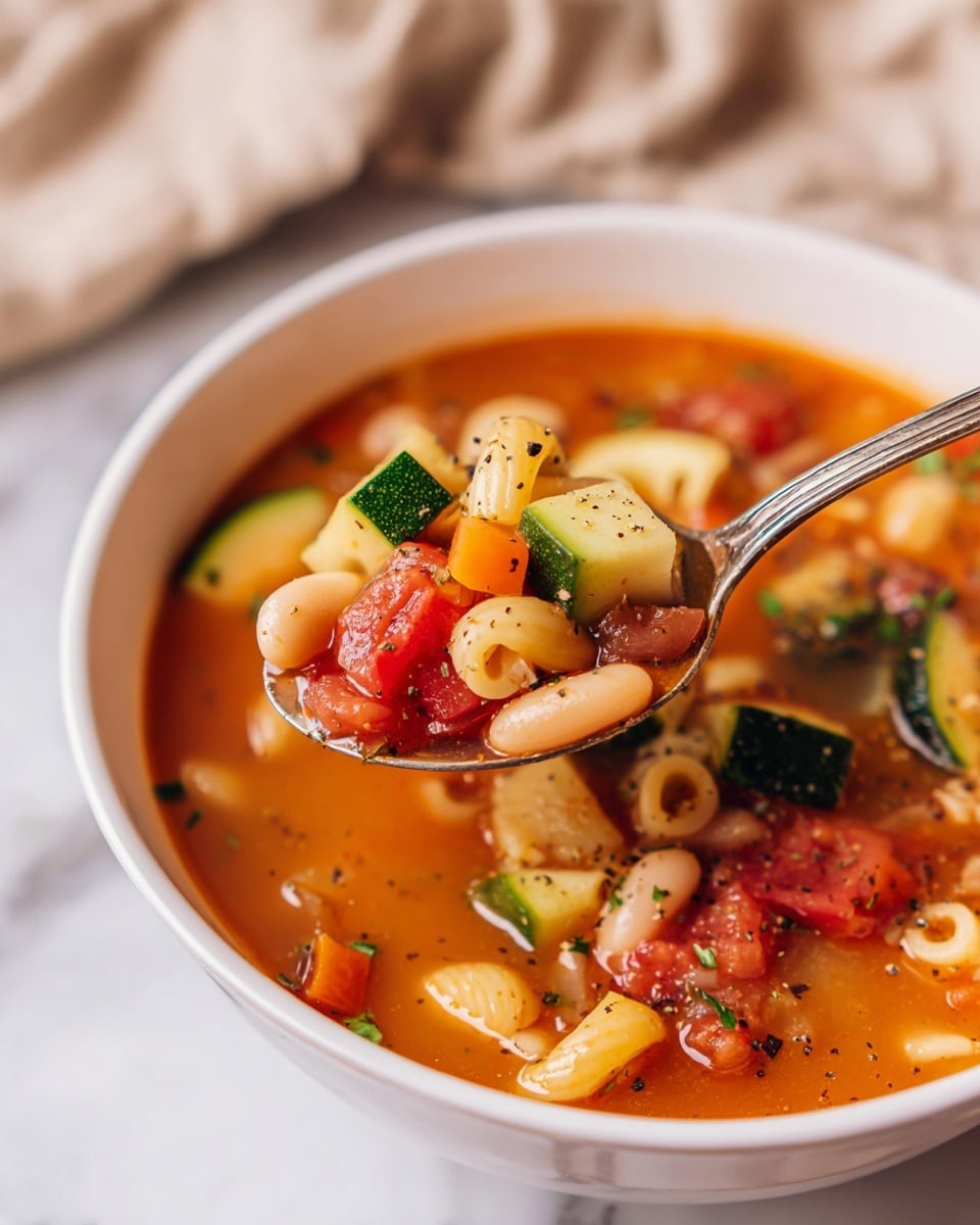 A white bowl filled with a warm orange-red soup, showing many layers of colorful vegetables and beans. The bottom layer of broth is smooth and rich in a deep orange color. On top, there are layers of soft diced tomatoes in bright red, white kidney beans, small round pasta pieces, and chunks of zucchini and carrot in green and orange shades. The soup is sprinkled with green herbs and black specks of pepper. A metal spoon holds a mix of diced pale green zucchini, orange carrot slices, white beans, and red tomato pieces above the bowl. The bowl is placed on a white marbled surface with a soft, blurred beige cloth in the background. Photo taken with an iphone --ar 4:5 --v 7