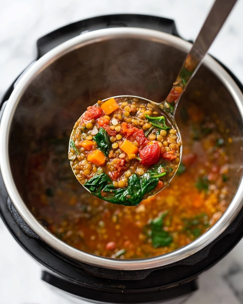 A ladle holds a colorful mix of lentil soup above an open stainless steel pressure cooker filled with the soup. The soup has multiple layers: a base of orange-red broth with soft brown lentils, bright orange carrot slices, red tomato pieces, and dark green spinach leaves on top, creating a rich and hearty texture. The ladle is centered and lifted, showing the mix clearly with visible steam rising. The background shows the cooking pot with the same soup blend inside, sitting on a white marbled surface. Photo taken with an iphone --ar 4:5 --v 7