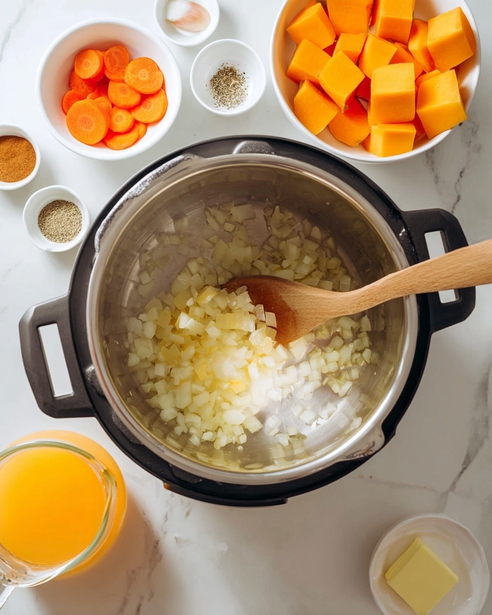A stainless steel cooking pot is in the center, containing diced onions being stirred with a wooden spoon that rests on the right side. Around the pot, on a white marbled surface, there are several small white bowls holding different ingredients: in the top right, large chunks of orange squash in a white bowl, to the left, sliced carrots in a white bowl, and at the top center and left, small white bowls with various seasonings including a small amount of cinnamon and salt. Near the bottom right, there is a clear glass jug filled with orange liquid, and nearby is a small white dish with a pat of butter. The scene is bright and clean, giving a clear view of the cooking process photo taken with an iphone --ar 4:5 --v 7