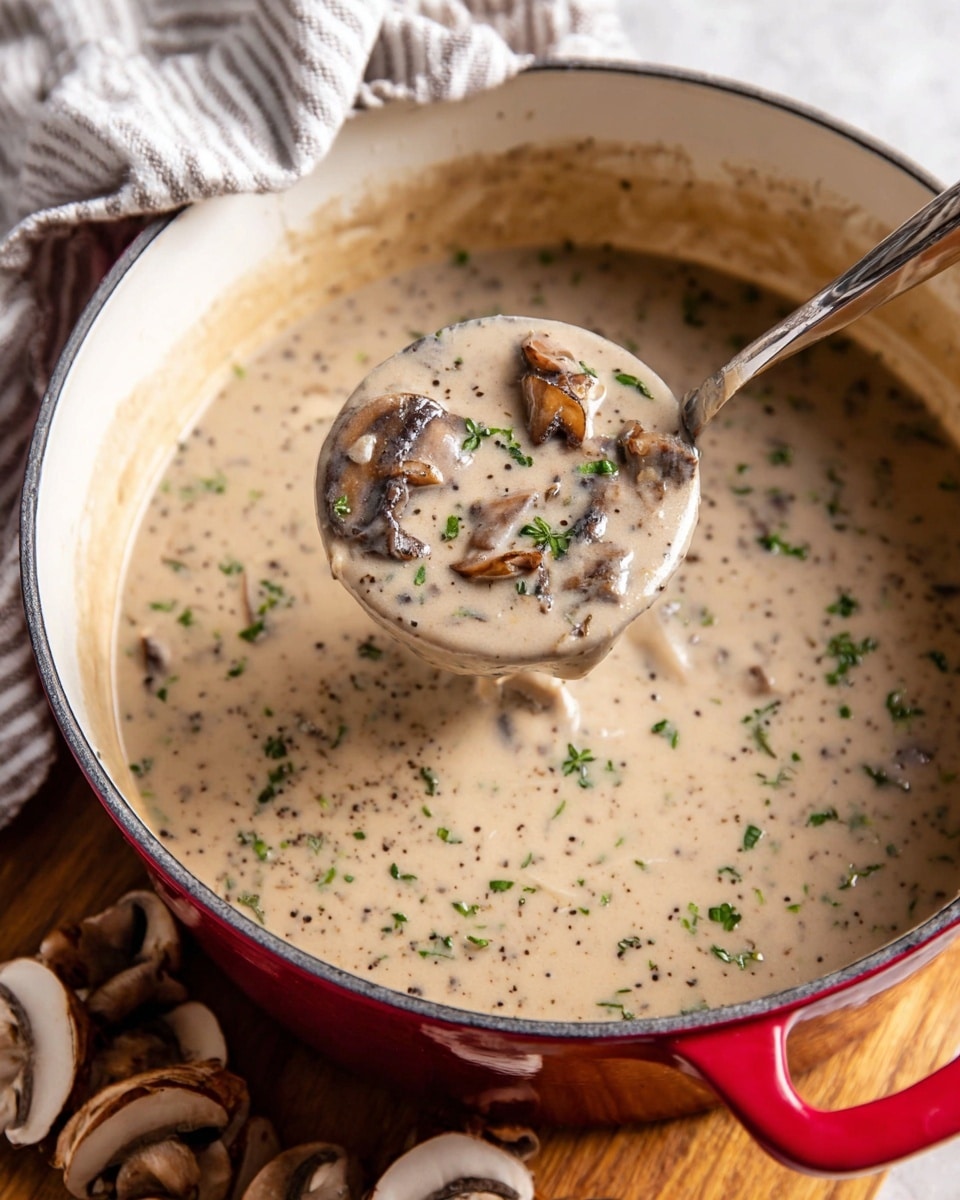 A white bowl filled with creamy beige mushroom soup sits on a matching white plate with a thin blue rim. The soup has visible thick slices of brown mushrooms with dark centers scattered throughout. Small green parsley pieces are sprinkled on top, adding a fresh pop of color. To the right of the bowl, two vintage silver spoons rest on the plate. The whole setup is on a white marbled surface with a beige and white striped cloth in the background. Photo taken with an iphone --ar 4:5 --v 7