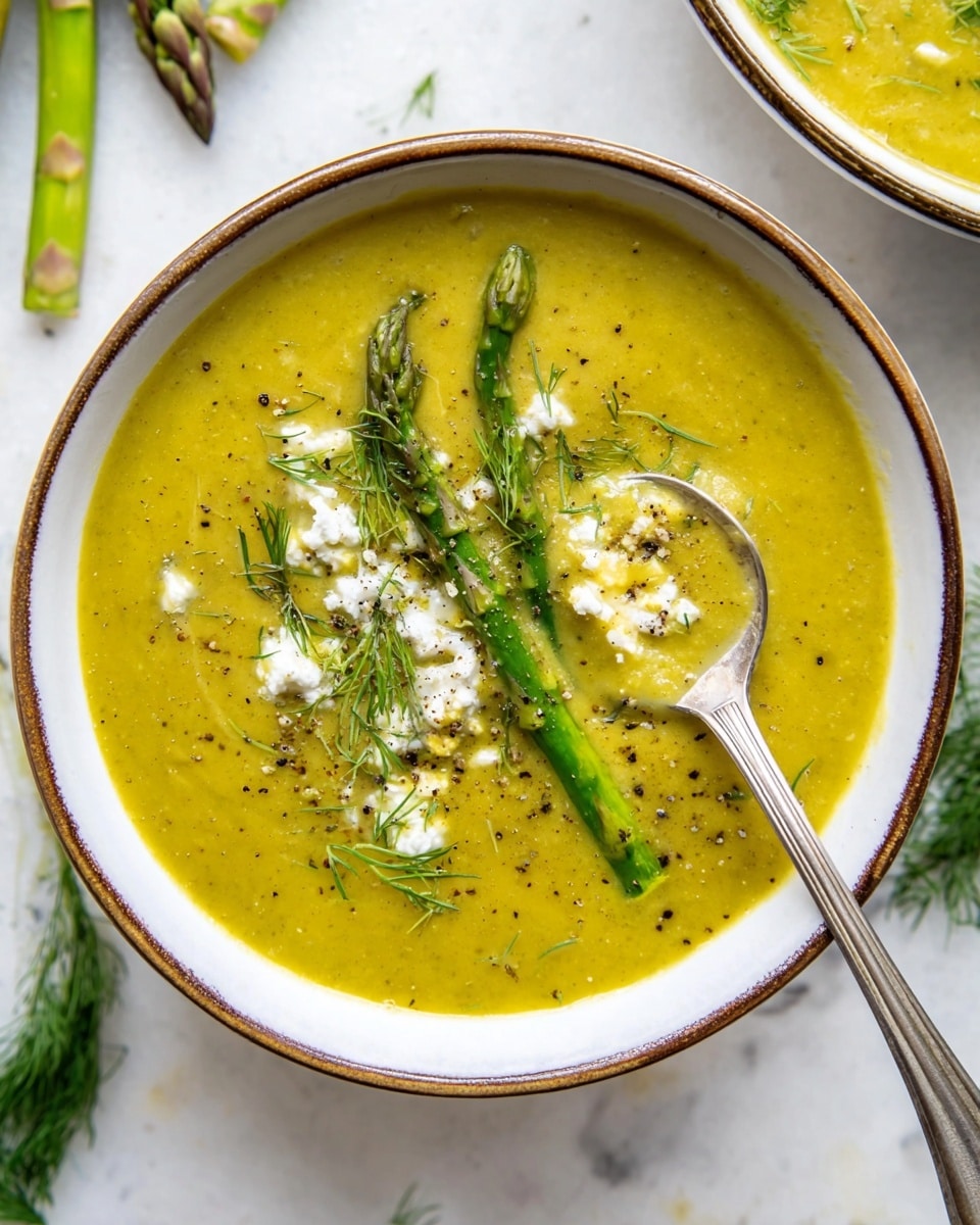 The image shows a white bowl with a thin brown rim filled with thick, yellow-green soup. On top of the soup are three tips of green asparagus, small white cheese crumbles, and fresh green dill sprigs. A silver spoon with a scoop of the soup, sprinkled with black pepper, rests inside the bowl. The bowl sits on a white marbled surface with blurred pieces of asparagus and dill visible around it. photo taken with an iphone --ar 4:5 --v 7
