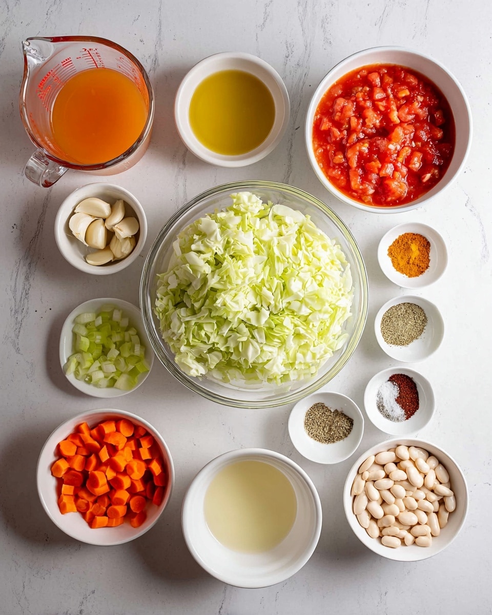 The image shows several white bowls and a glass measuring cup arranged on a white marbled surface. In the center is a large glass bowl filled with chopped light green cabbage. To the top left is a glass measuring cup filled with orange broth. Next to it, a white bowl contains chunky bright red tomatoes in sauce. Moving clockwise, there are small white bowls with three whole garlic cloves, dried herbs, red and brown spices, salt, and black pepper. At the bottom right is a white bowl filled with white beans, and below it a small white bowl with a pale yellow liquid. To the bottom left are white bowls with sliced bright orange carrots, chopped celery, and diced white onion. A small white bowl filled with golden-yellow oil sits above the celery bowl. photo taken with an iphone --ar 4:5 --v 7