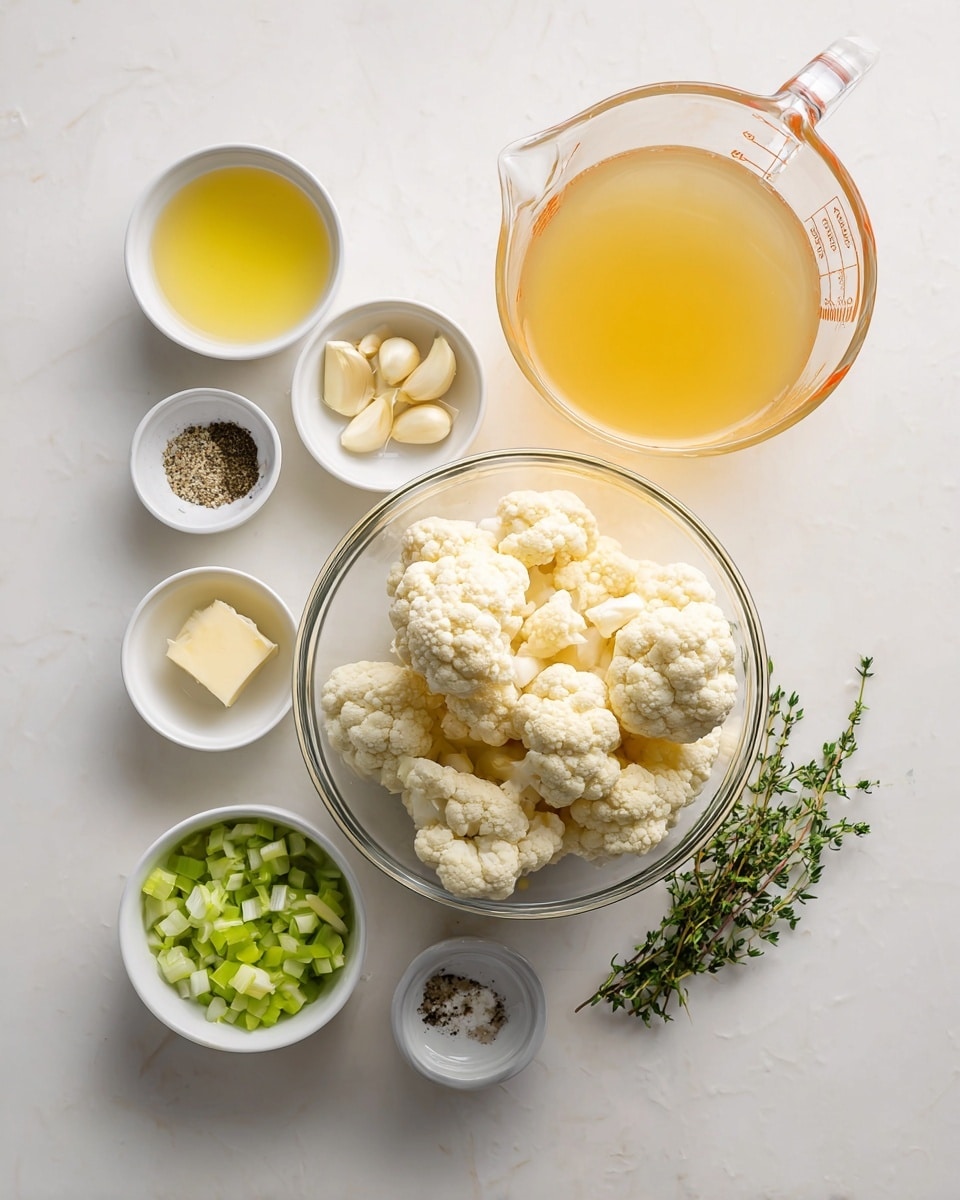 The image shows several clear and white small bowls with cooking ingredients arranged on a white marbled surface. In the center, a clear glass bowl holds whole cauliflower florets that are pale cream color with a bumpy texture. Above it to the right is a clear glass measuring cup filled with golden-yellow broth. To the left of the cauliflower are three small white bowls with light yellow liquid, whole garlic cloves, and a small square of butter respectively. Below the cauliflower are three more small white bowls containing white salt, light green chopped leeks, and ground black pepper. To the right of the cauliflower is another small white bowl holding sprigs of fresh green thyme. photo taken with an iphone --ar 4:5 --v 7