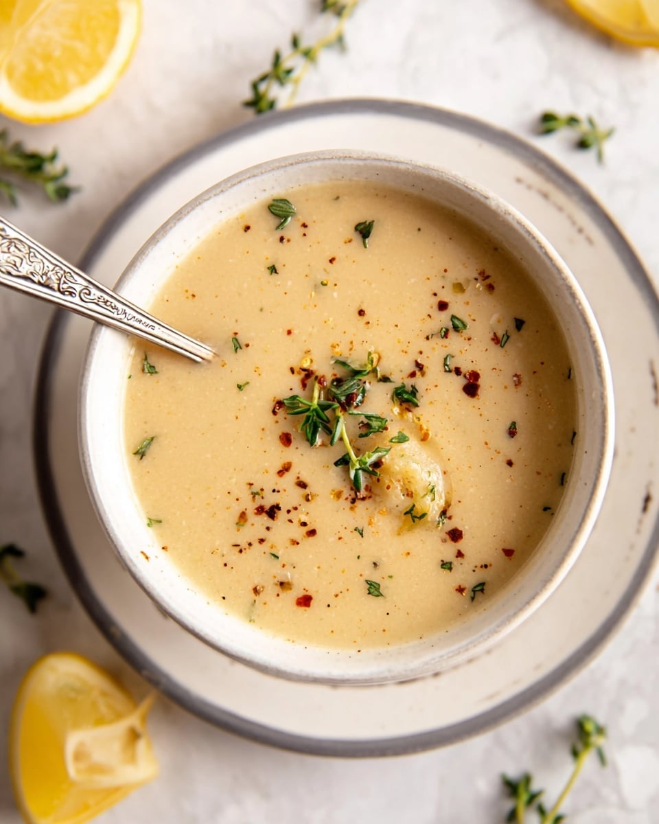 A close-up view of a thick, creamy light yellow soup with small specks of black and red seasoning and tiny green herb leaves floating on the surface. The soup fills a white pot with a hint of red on the edge, and a ladle is scooping some soup in the center, showing the soup’s smooth texture and seasoning details. The background is a white marbled surface with a few small green herb sprigs scattered. photo taken with an iphone --ar 4:5 --v 7