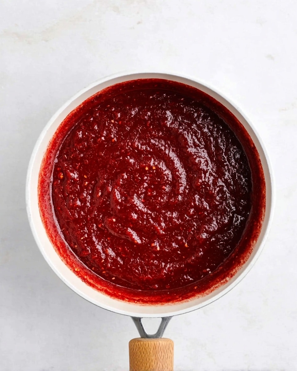 A white pot with a wooden handle holds a deep red thick sauce with a slightly chunky texture, filling the pot almost to the top. The sauce has a glossy surface with small bits visible inside, spread evenly across the pot. The pot rests on a white marbled surface with soft lighting that highlights the rich color of the sauce. photo taken with an iphone --ar 4:5 --v 7