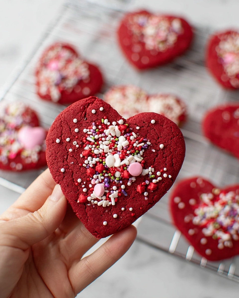 A close-up of a vibrant red heart-shaped cookie held by a woman's hand, topped with a mix of white, red, and pink small sprinkles, including tiny balls, rods, and grains spread unevenly across the rough surface, showing a slightly cracked texture. In the background, more heart-shaped cookies with similar colorful sprinkles rest on a cooling rack placed on a white marbled surface, creating a soft, bright setting. photo taken with an iphone --ar 4:5 --v 7