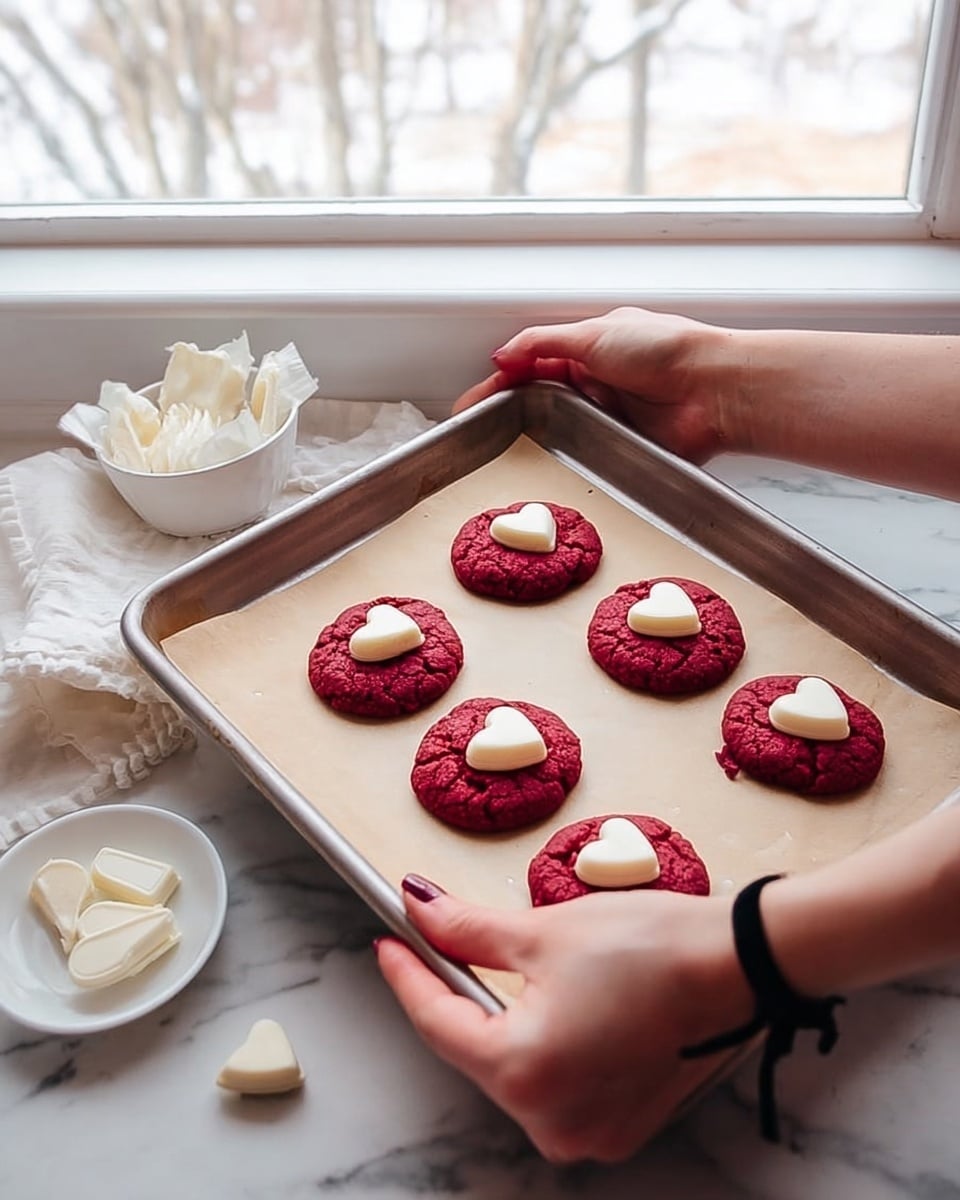 A baking tray lined with parchment paper holds six round, red cookies with a soft texture, each topped with a small heart-shaped dollop of white cream in the center. The tray is placed on a white marbled countertop near a window with soft natural light shining through. Two woman's hands with a black hair tie on one wrist gently hold the tray from opposite sides. Nearby, a white bowl contains some wrappers and a few heart-shaped white chocolates are scattered around, adding a touch of detail. The overall scene feels warm and cozy, with a simple and clean background. photo taken with an iphone --ar 4:5 --v 7